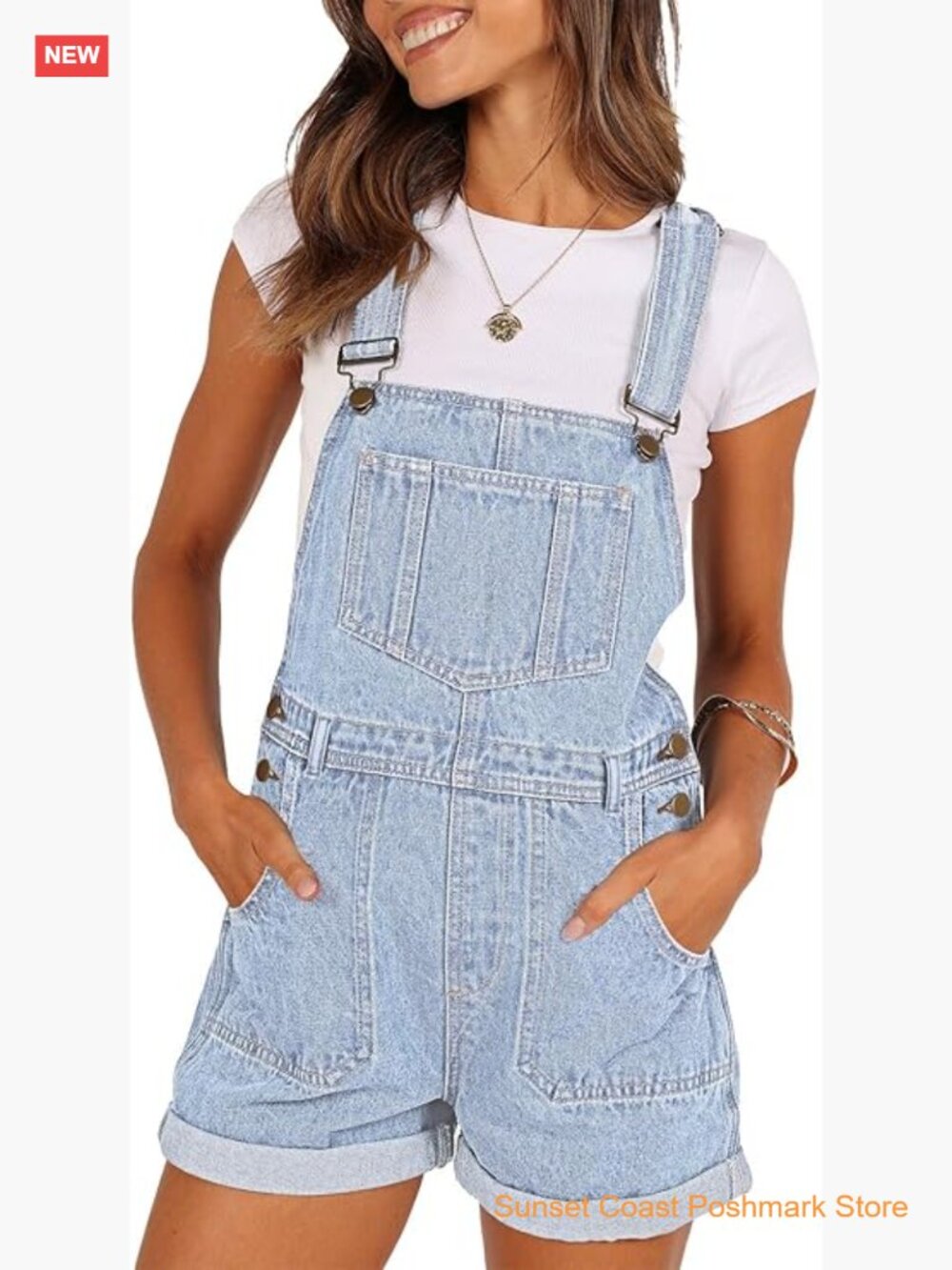 High Waist Denim Shortalls Adjustable Straps Bib Overalls Romper with Pockets